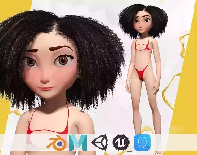 Stylized  Girl curly hair Female Low-poly 3D model