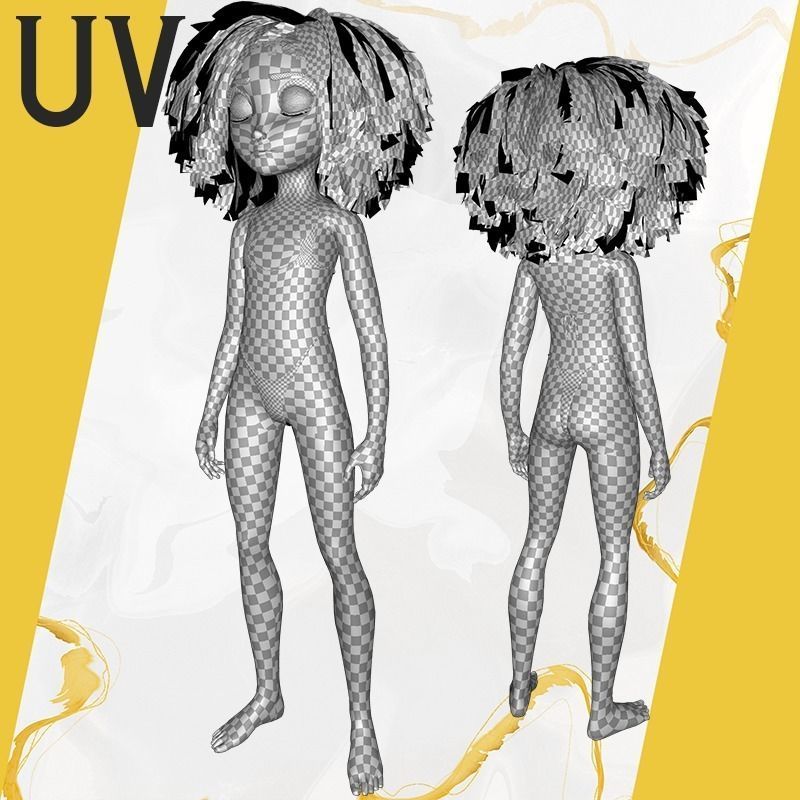Stylized  Girl curly hair Female Low-poly 3D model_32