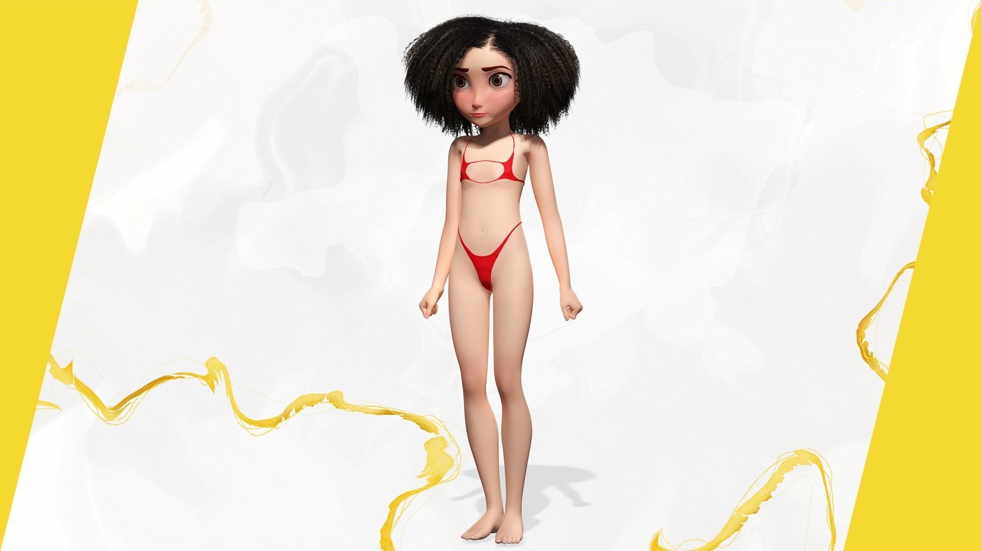 Stylized  Girl curly hair Female Low-poly 3D model_8