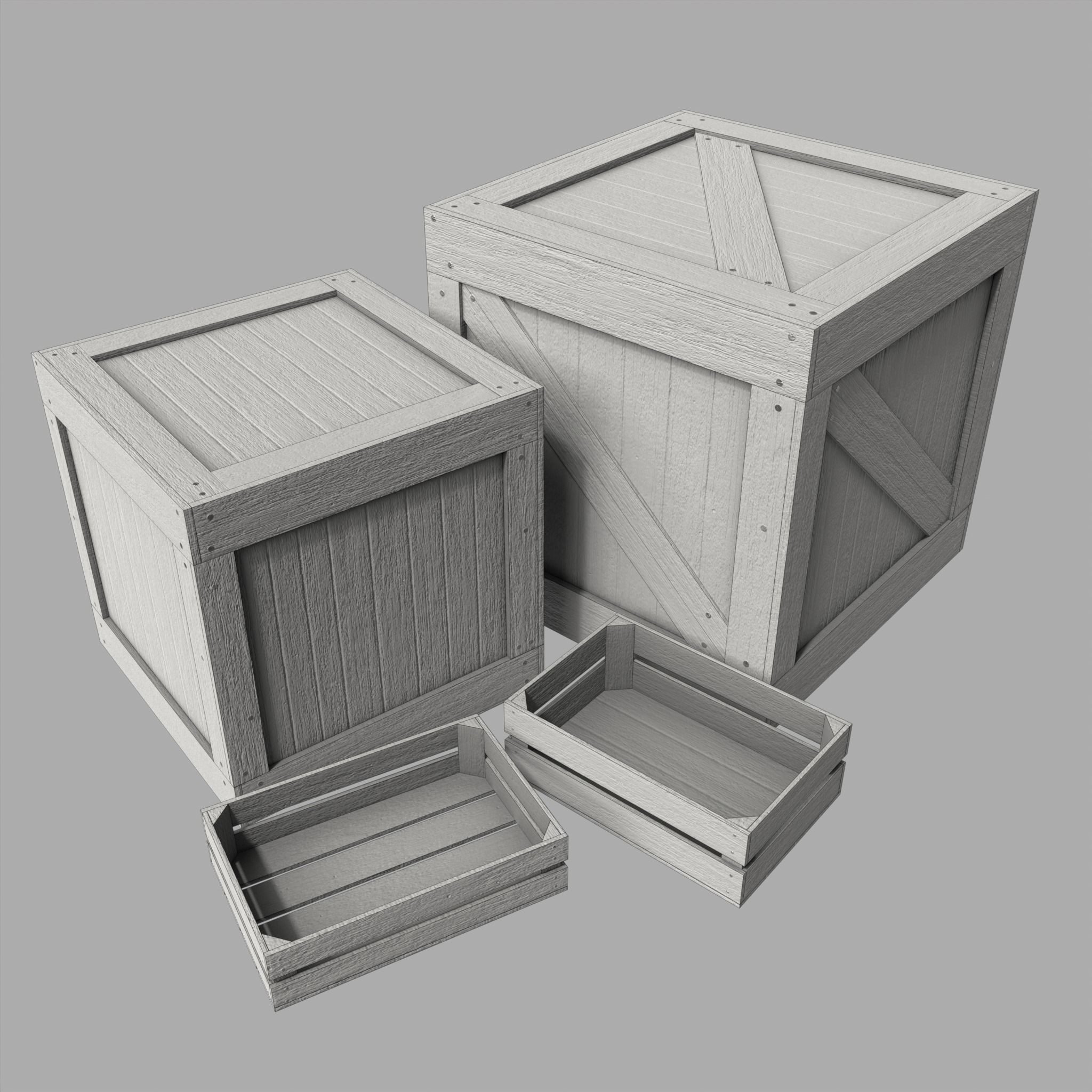 Wooden Boxes Pack Crate Old Low-poly 3D model_3