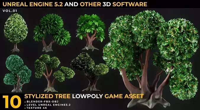 10 Tree Stylize LowPoly GameAsset For UnrealEngine Low-poly 3D model