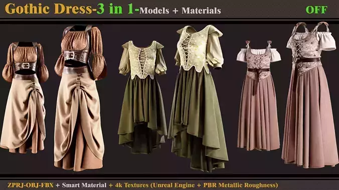 3 in 1 Gothic Dress- Models-Materials