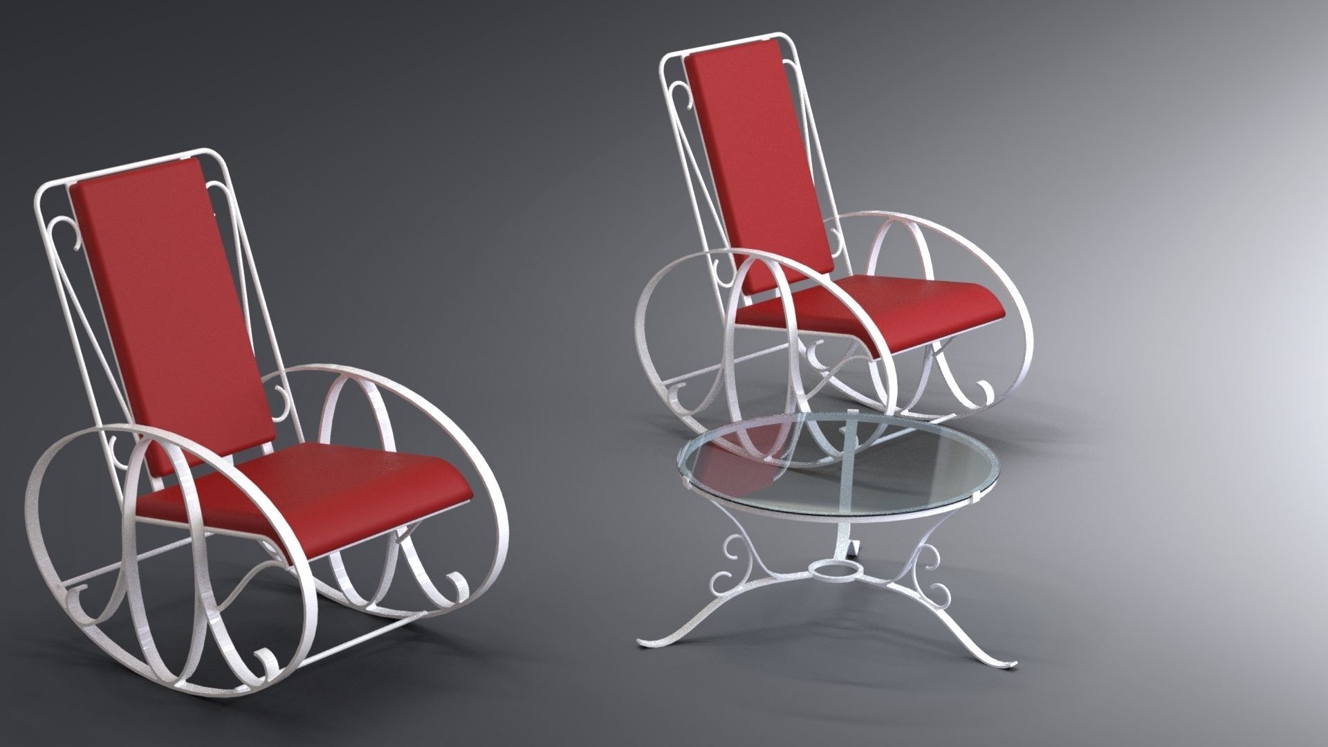 Set of traditional rocking chairs and table built of steel 3D model_2