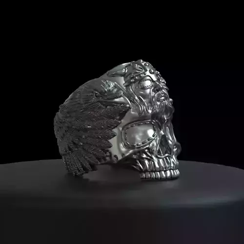 Biker ring skull of vikings God Odin 