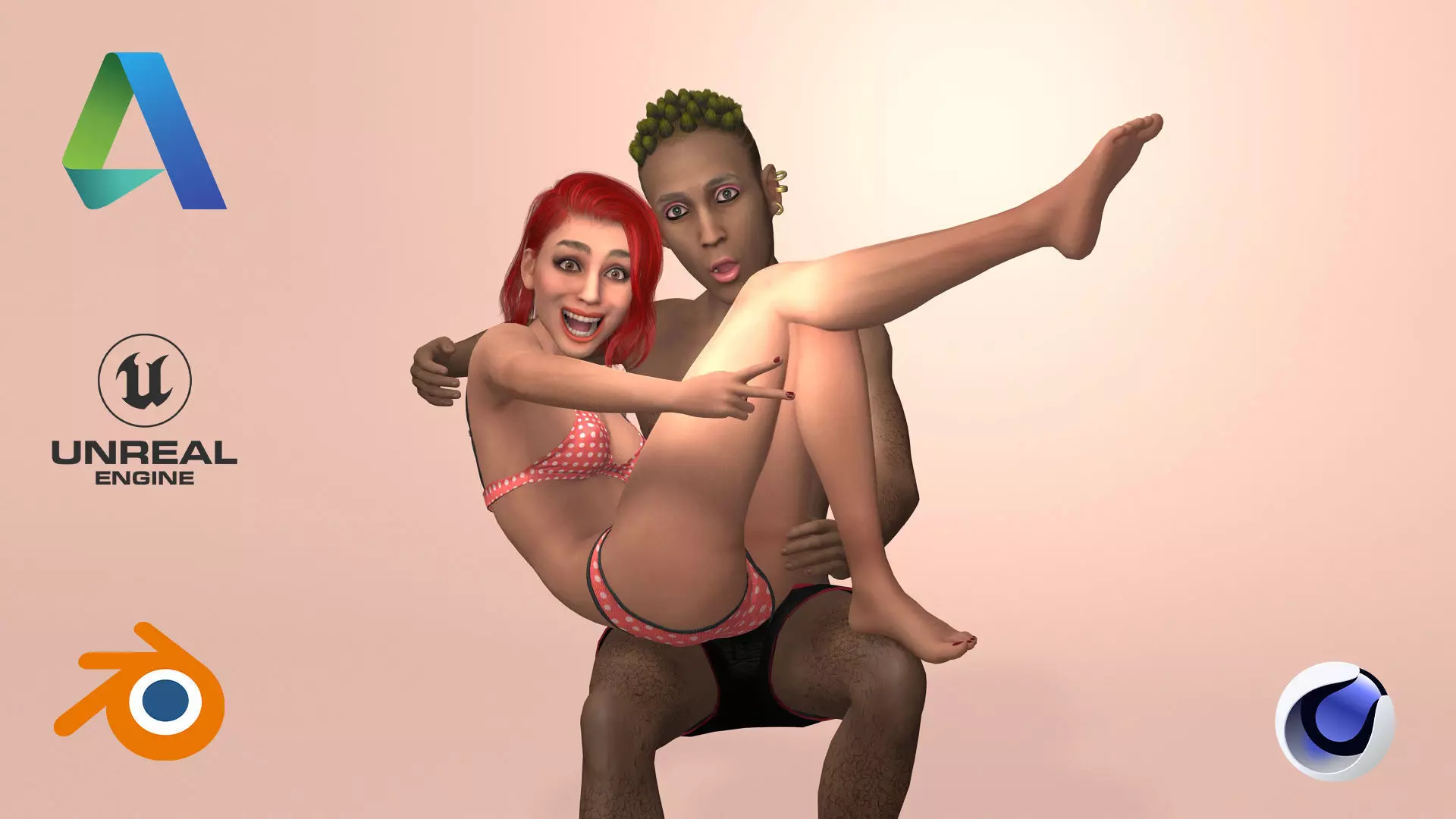 Male and female Couple Characters naked with Genital organs Low-poly 3D model_0