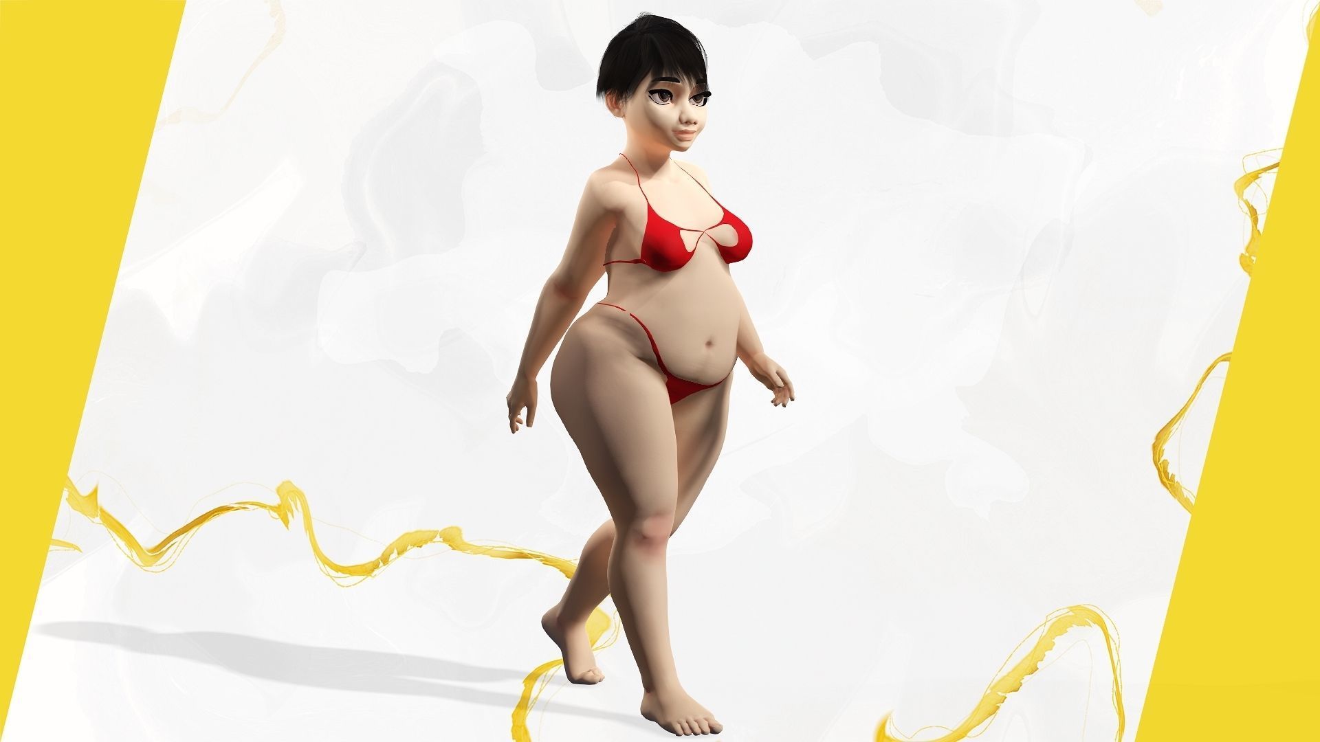 Fat Woman stylized girl cartoon Low-poly 3D model_2