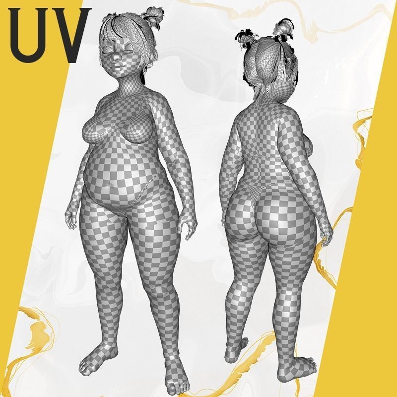 Fat Woman stylized girl cartoon Low-poly 3D model_34