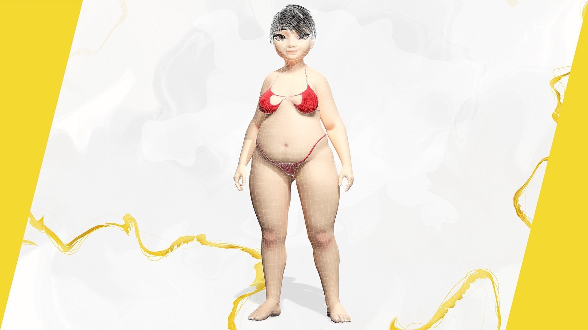 Fat Woman stylized girl cartoon Low-poly 3D model_35