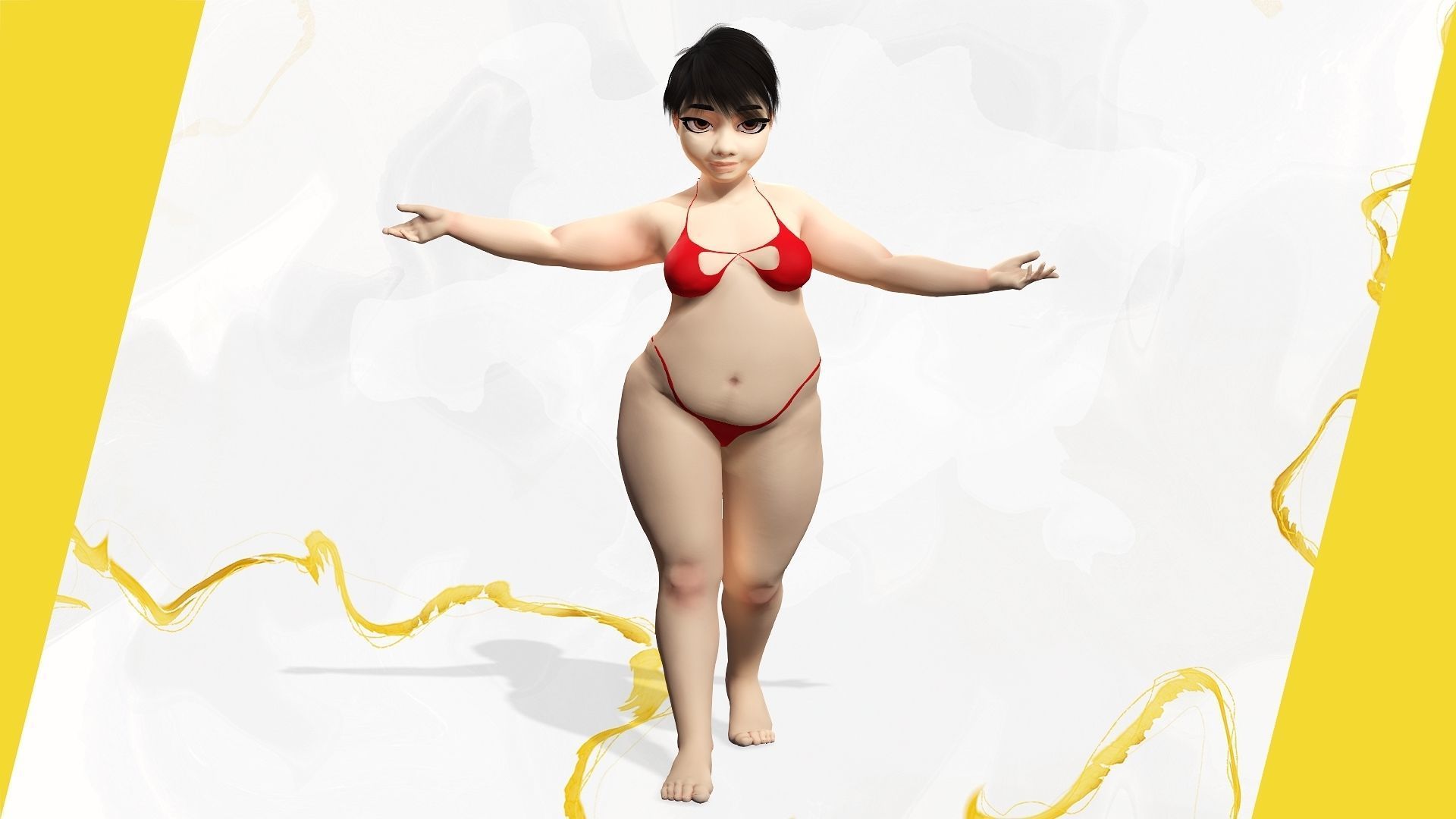 Fat Woman stylized girl cartoon Low-poly 3D model_3
