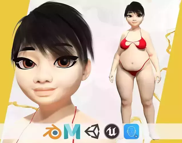 Fat Woman stylized girl cartoon  Low-poly 3D model