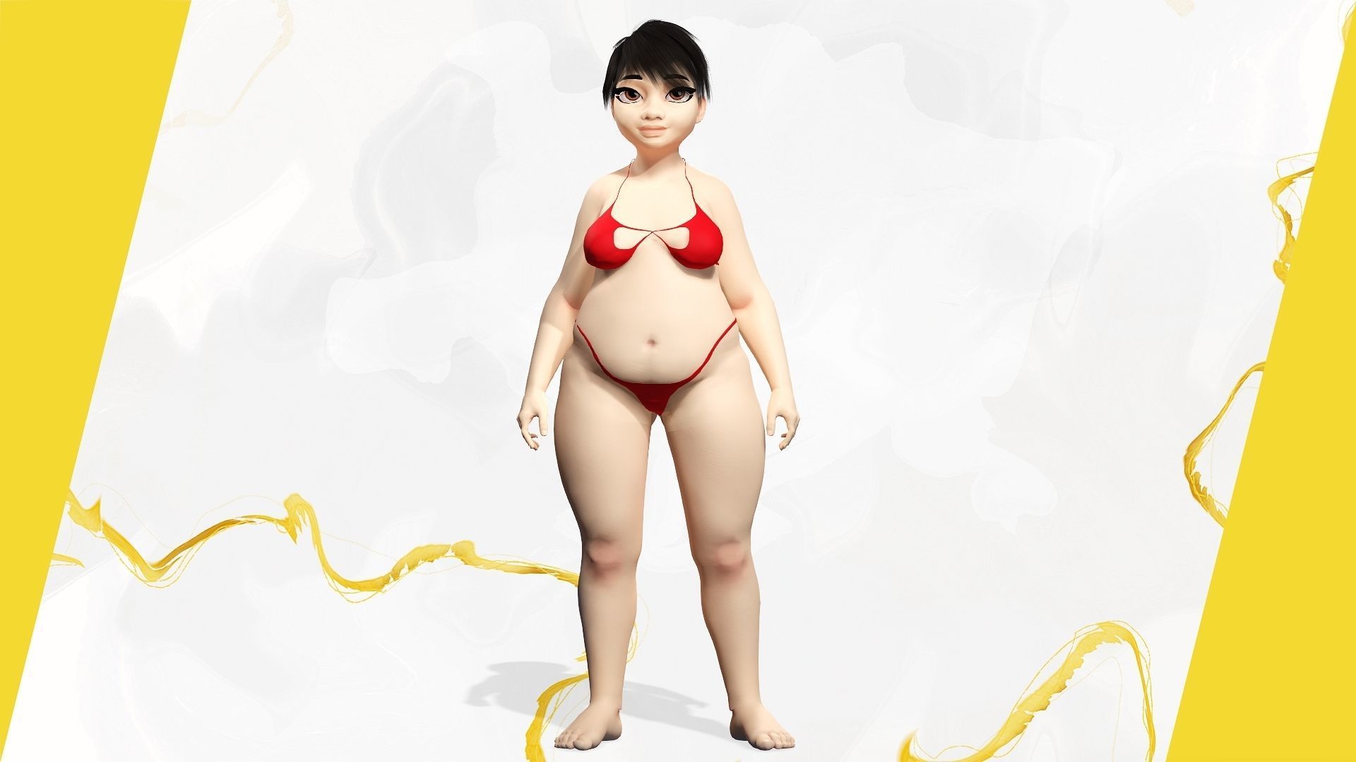Fat Woman stylized girl cartoon Low-poly 3D model_1