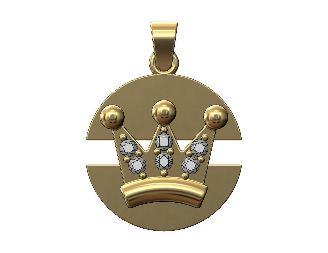 Diamond crown split round pendant with bail 3D print model_1