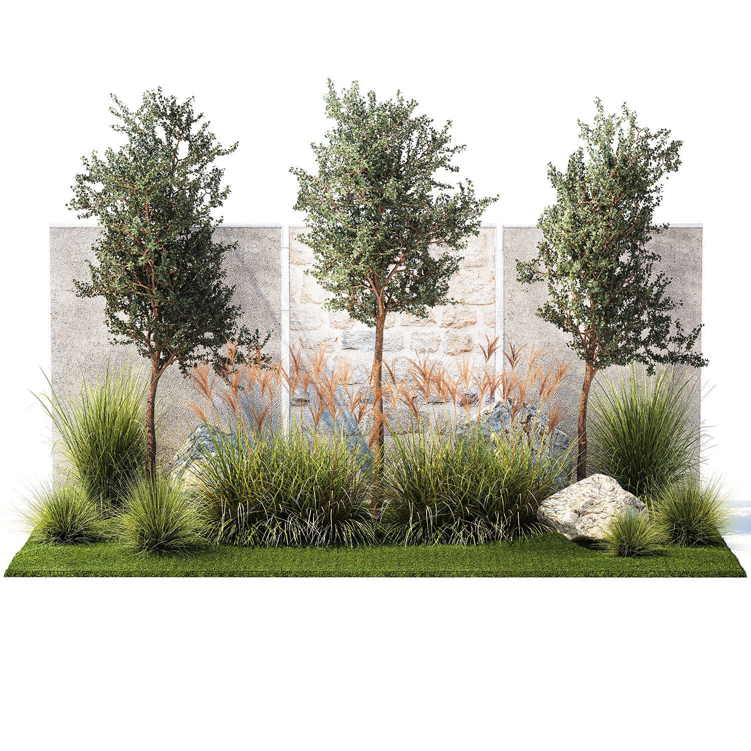 Garden with trees and grass bushes Miscanthus reed grass 1391 3D model_6