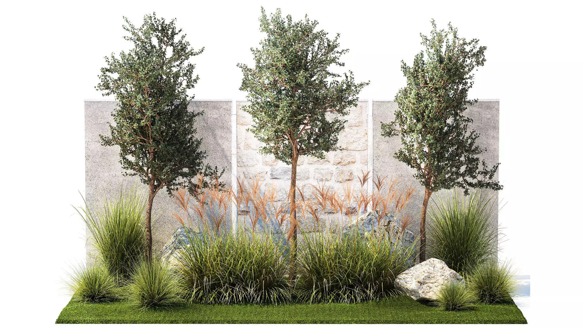 Garden with trees and grass bushes Miscanthus reed grass 1391 3D model_0