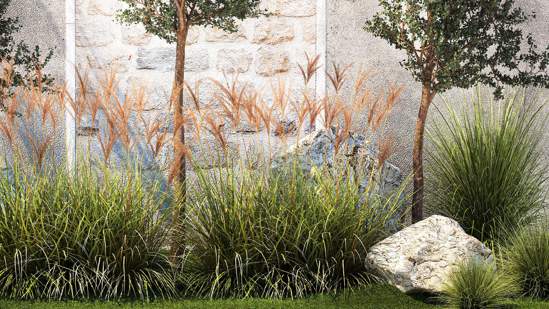 Garden with trees and grass bushes Miscanthus reed grass 1391 3D model_2