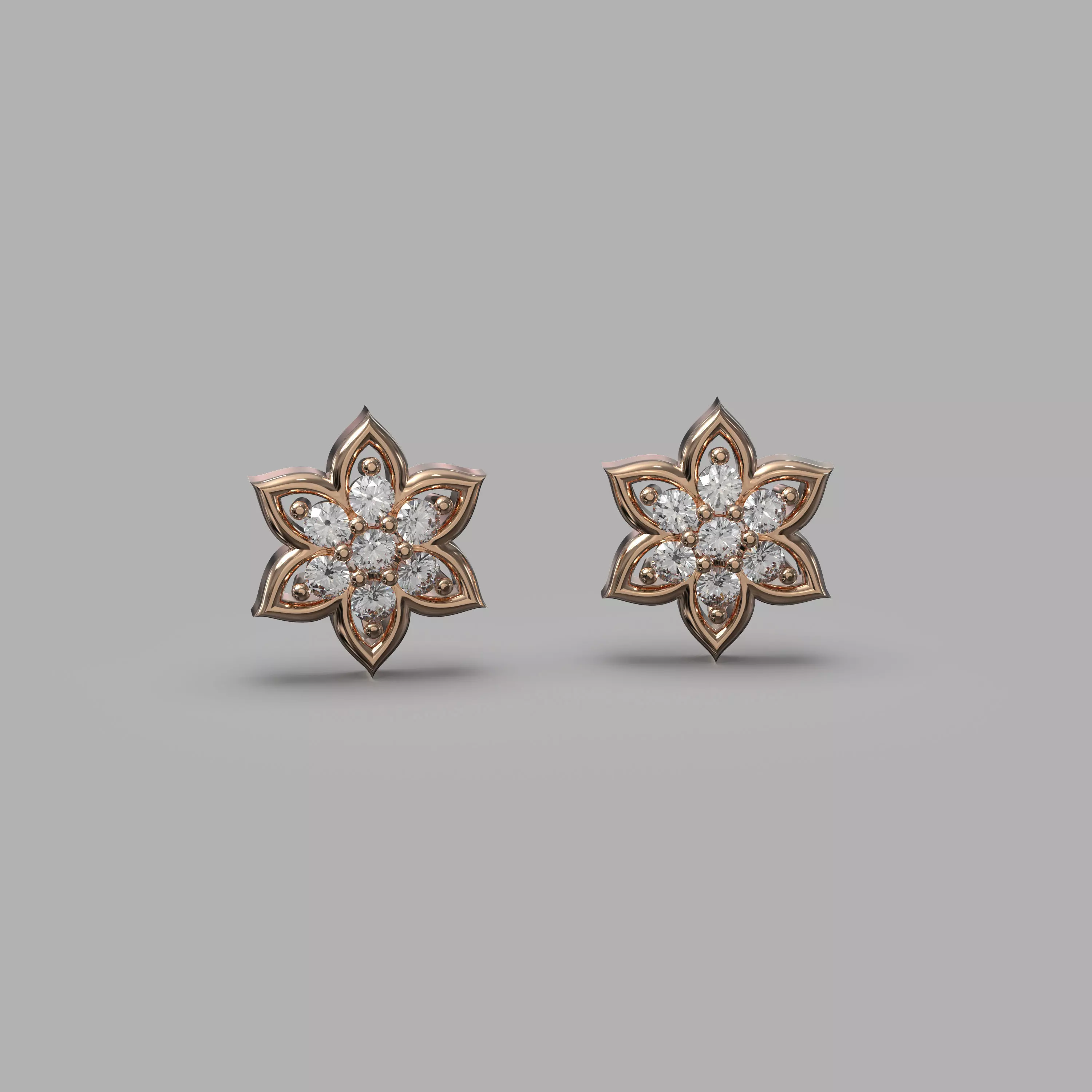  stud earrings with six petal shape and 14 diamond gem stone 3D print model_0