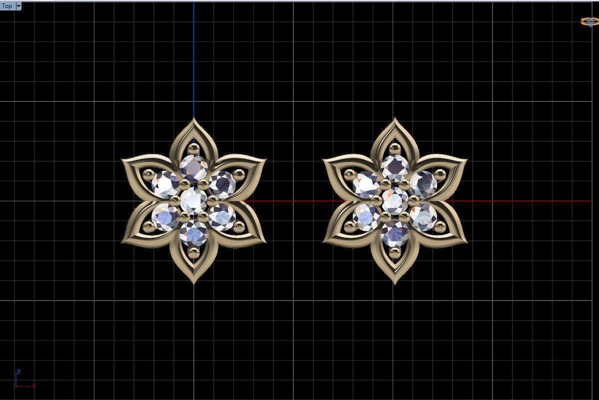  stud earrings with six petal shape and 14 diamond gem stone 3D print model_8