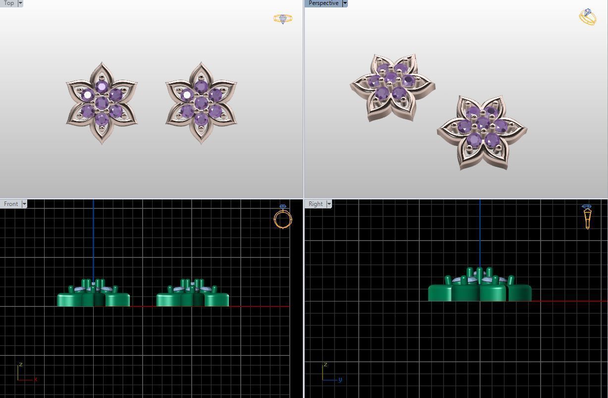  stud earrings with six petal shape and 14 diamond gem stone 3D print model_19