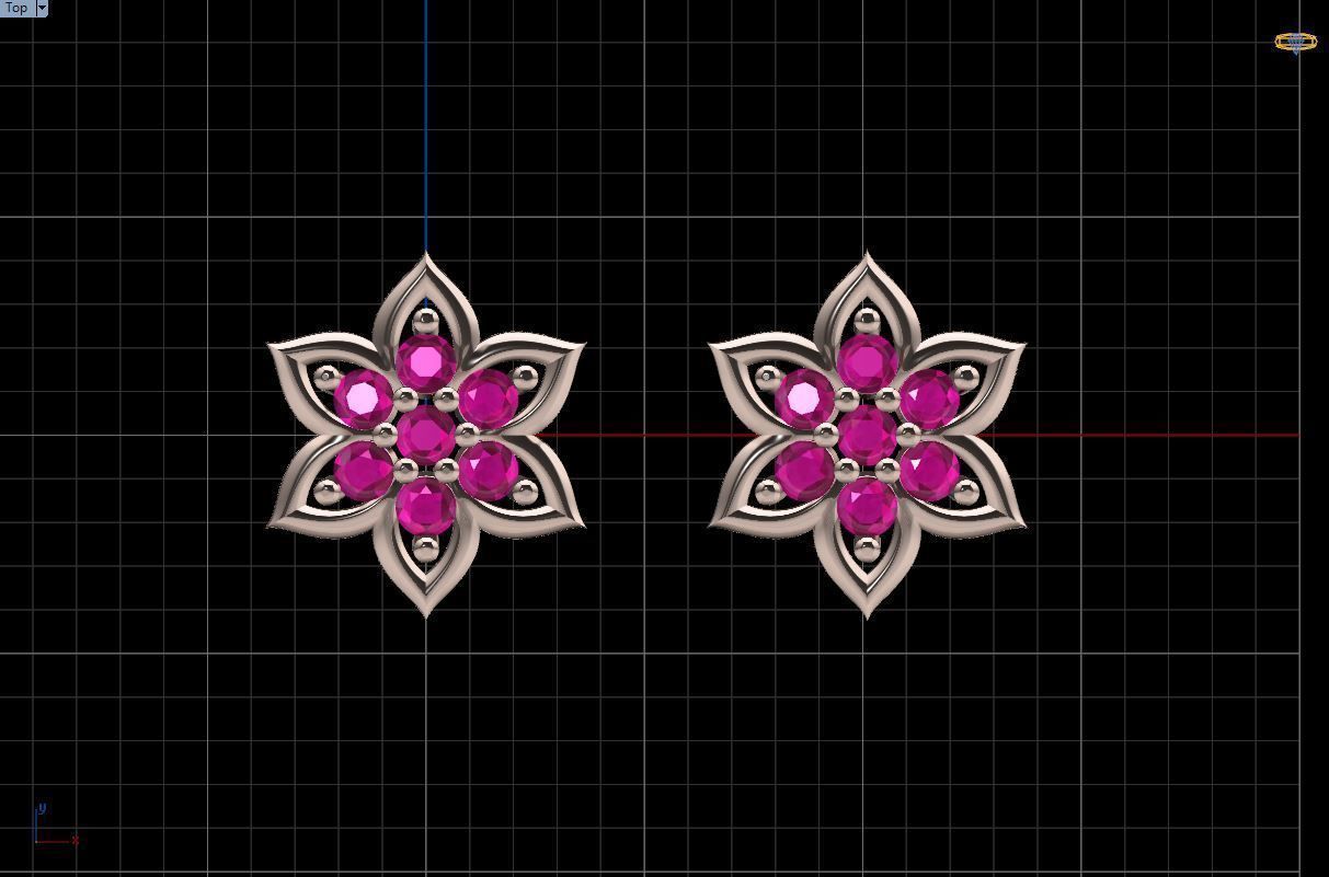  stud earrings with six petal shape and 14 diamond gem stone 3D print model_10