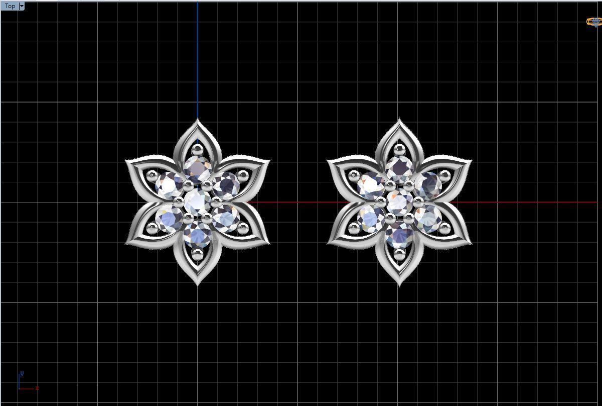  stud earrings with six petal shape and 14 diamond gem stone 3D print model_5