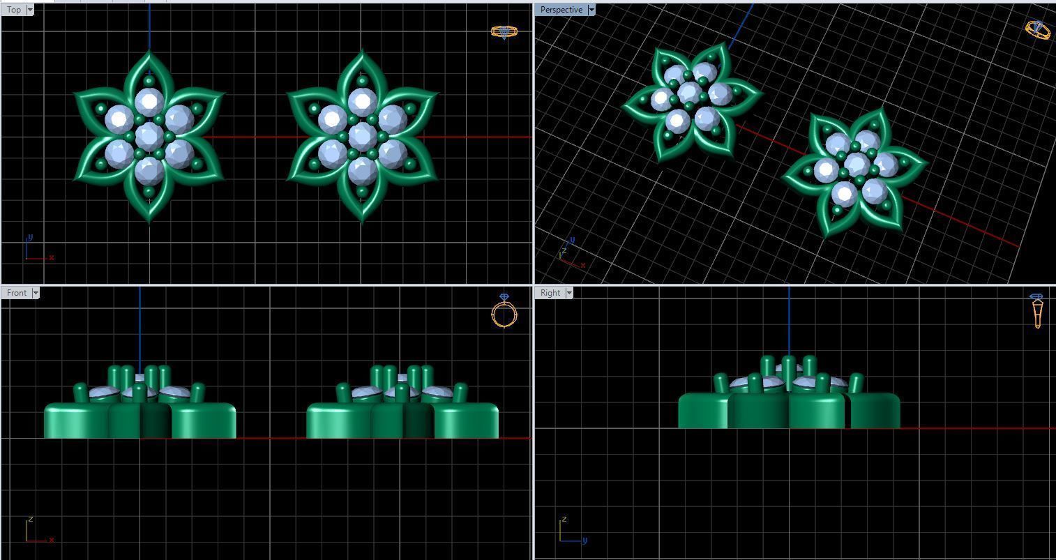  stud earrings with six petal shape and 14 diamond gem stone 3D print model_13