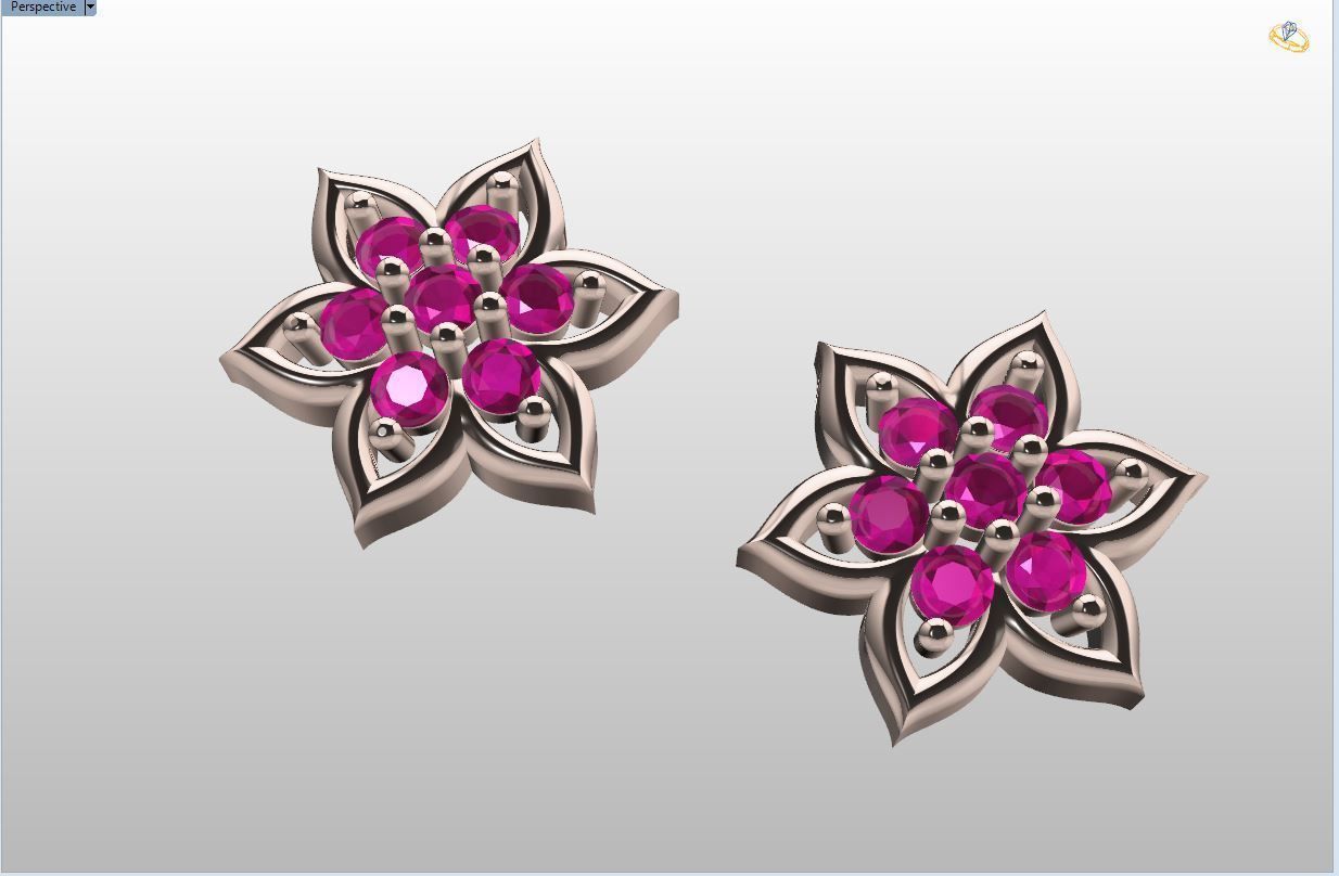  stud earrings with six petal shape and 14 diamond gem stone 3D print model_14