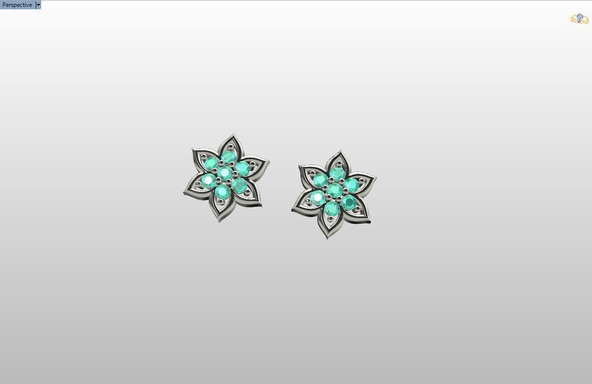  stud earrings with six petal shape and 14 diamond gem stone 3D print model_18