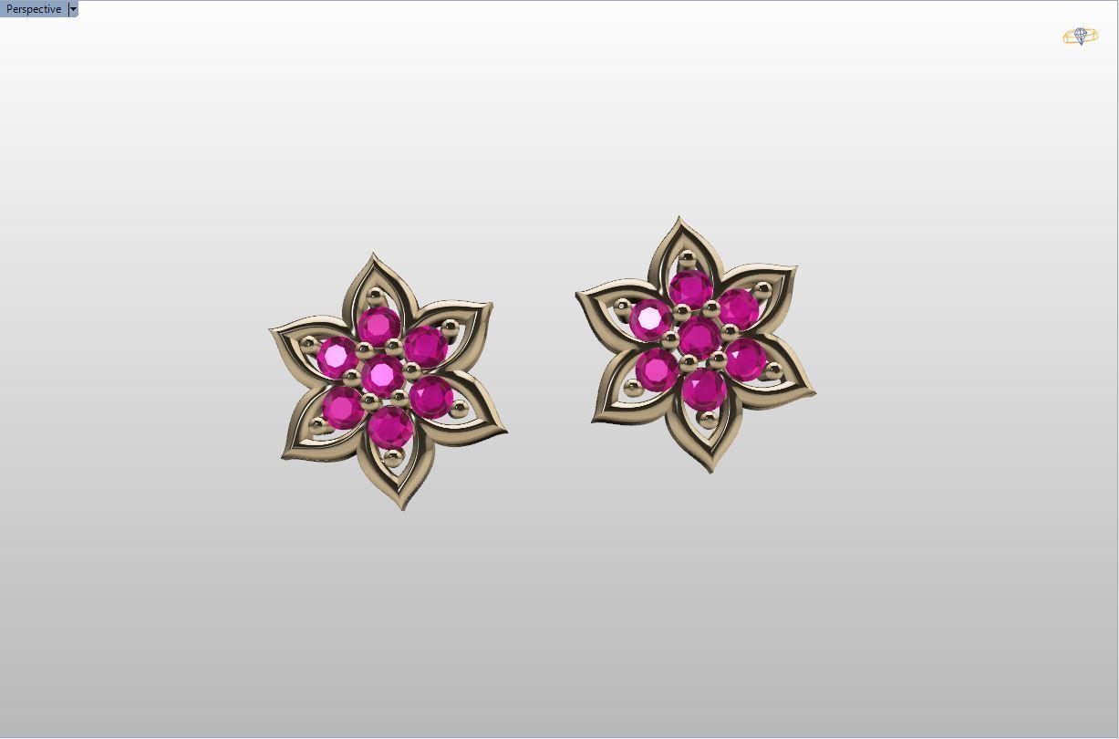  stud earrings with six petal shape and 14 diamond gem stone 3D print model_17