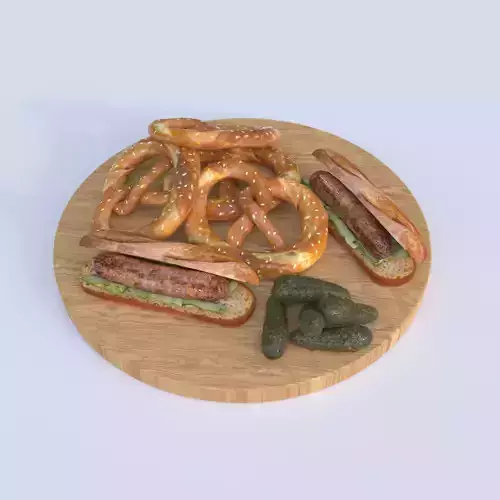 Pretzels and sausages with cucumbers
