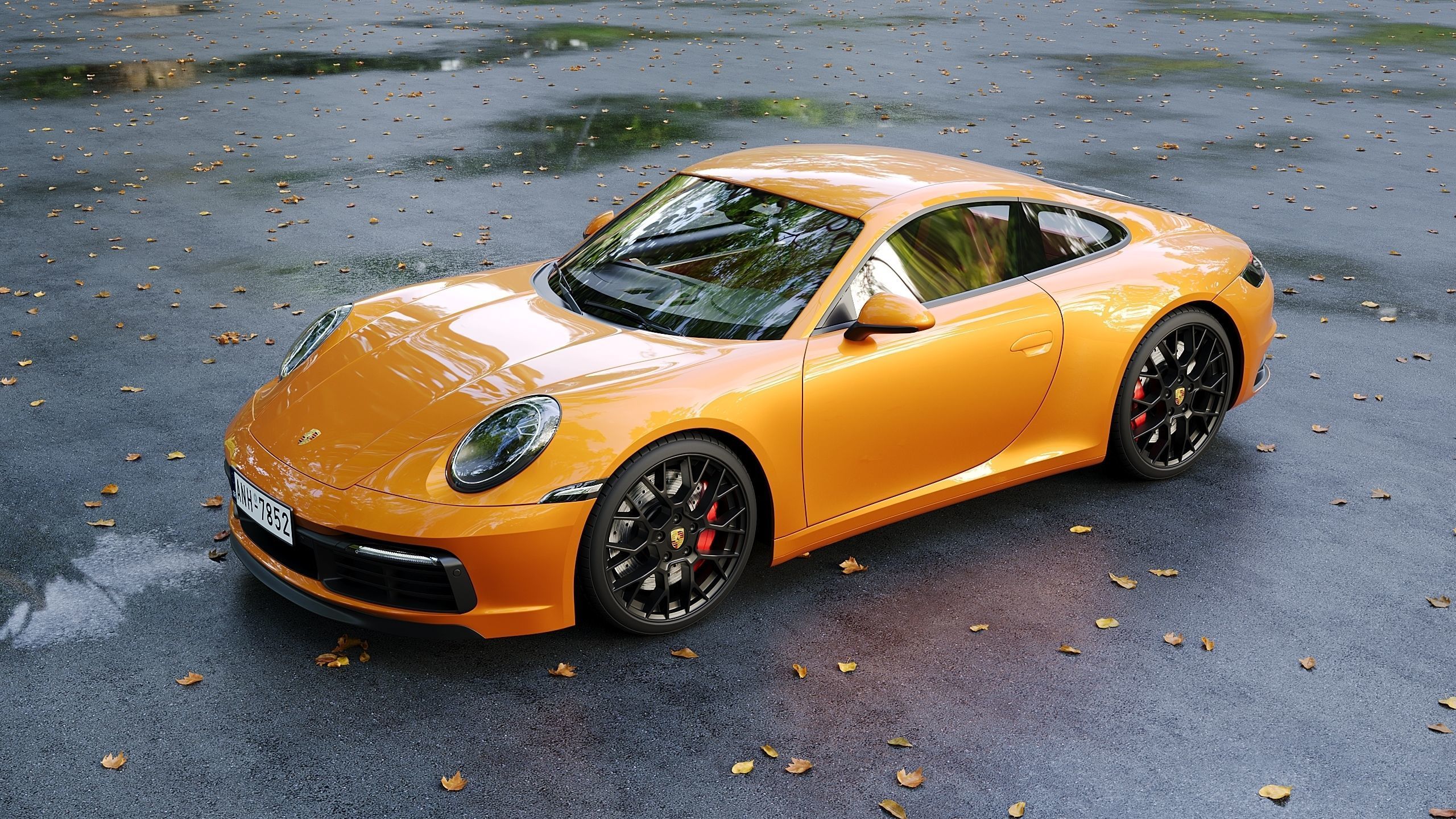 Wet asphalt with leaves 3D model_6