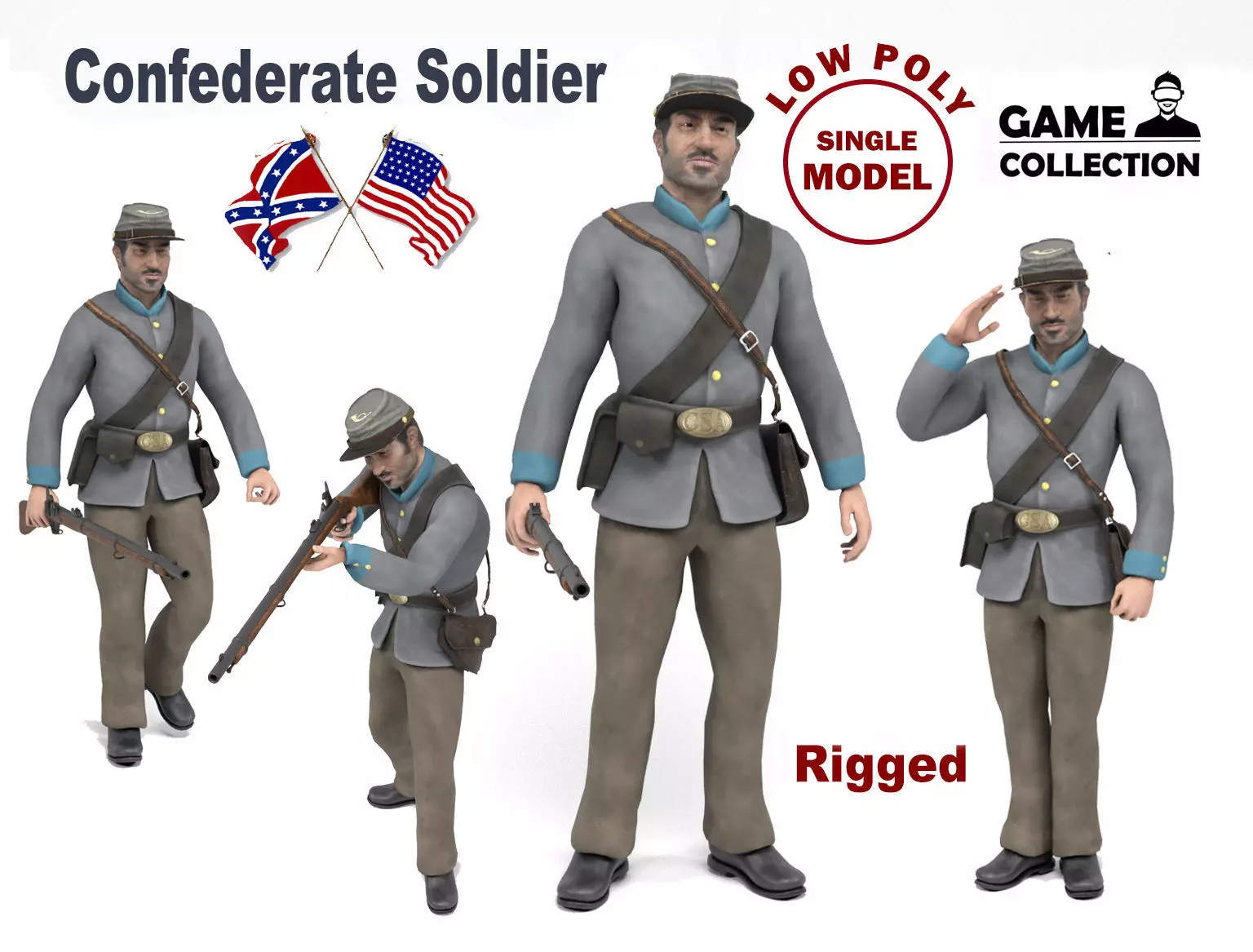 Confederate Soldier Low-poly 3D model_0