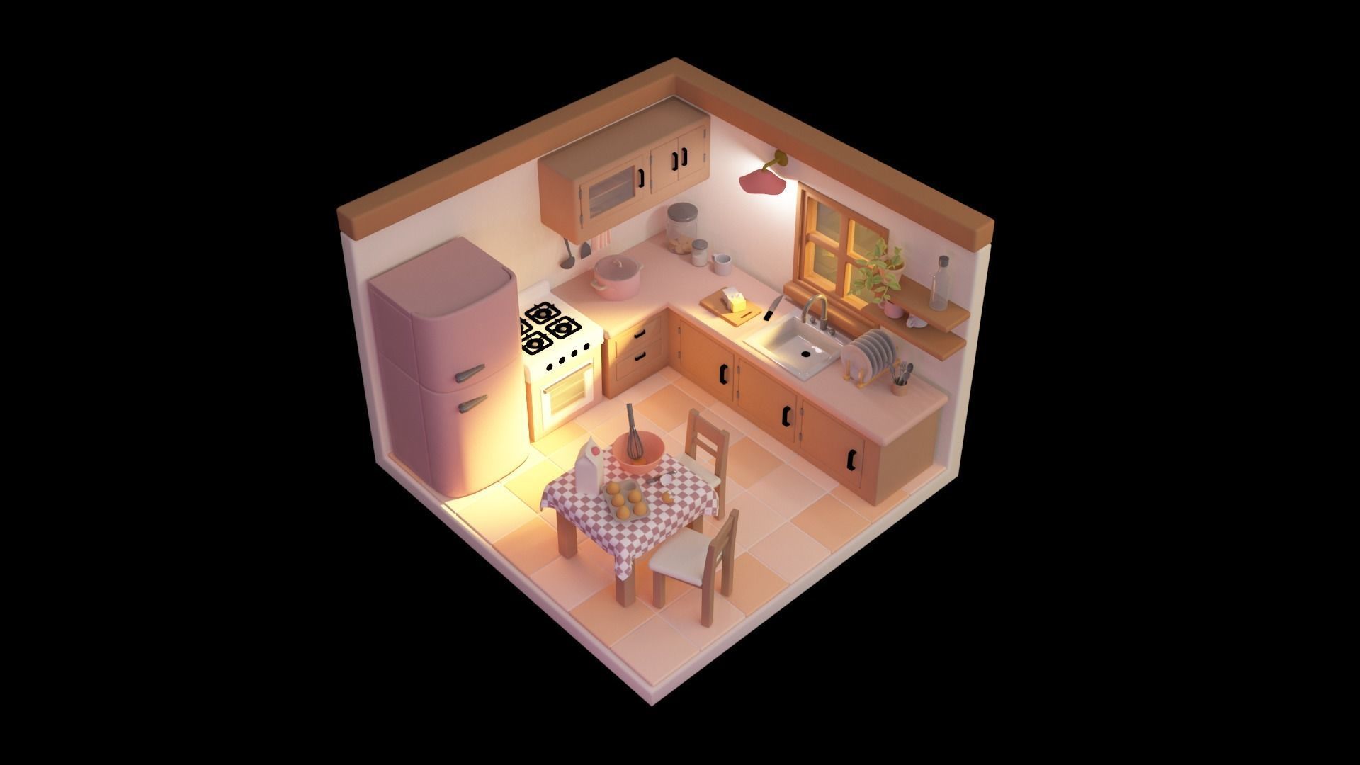Kitchen room Low-poly 3D model_2