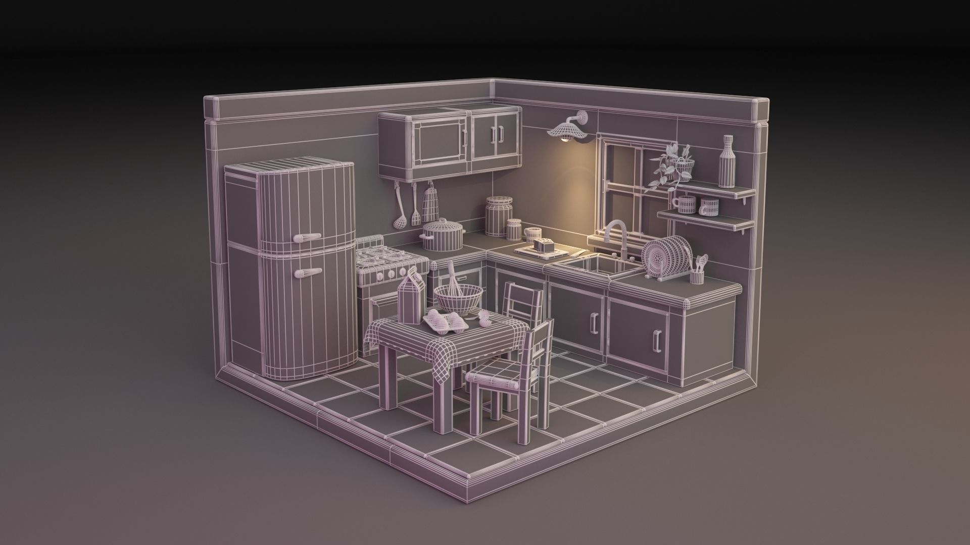 Kitchen room Low-poly 3D model_9