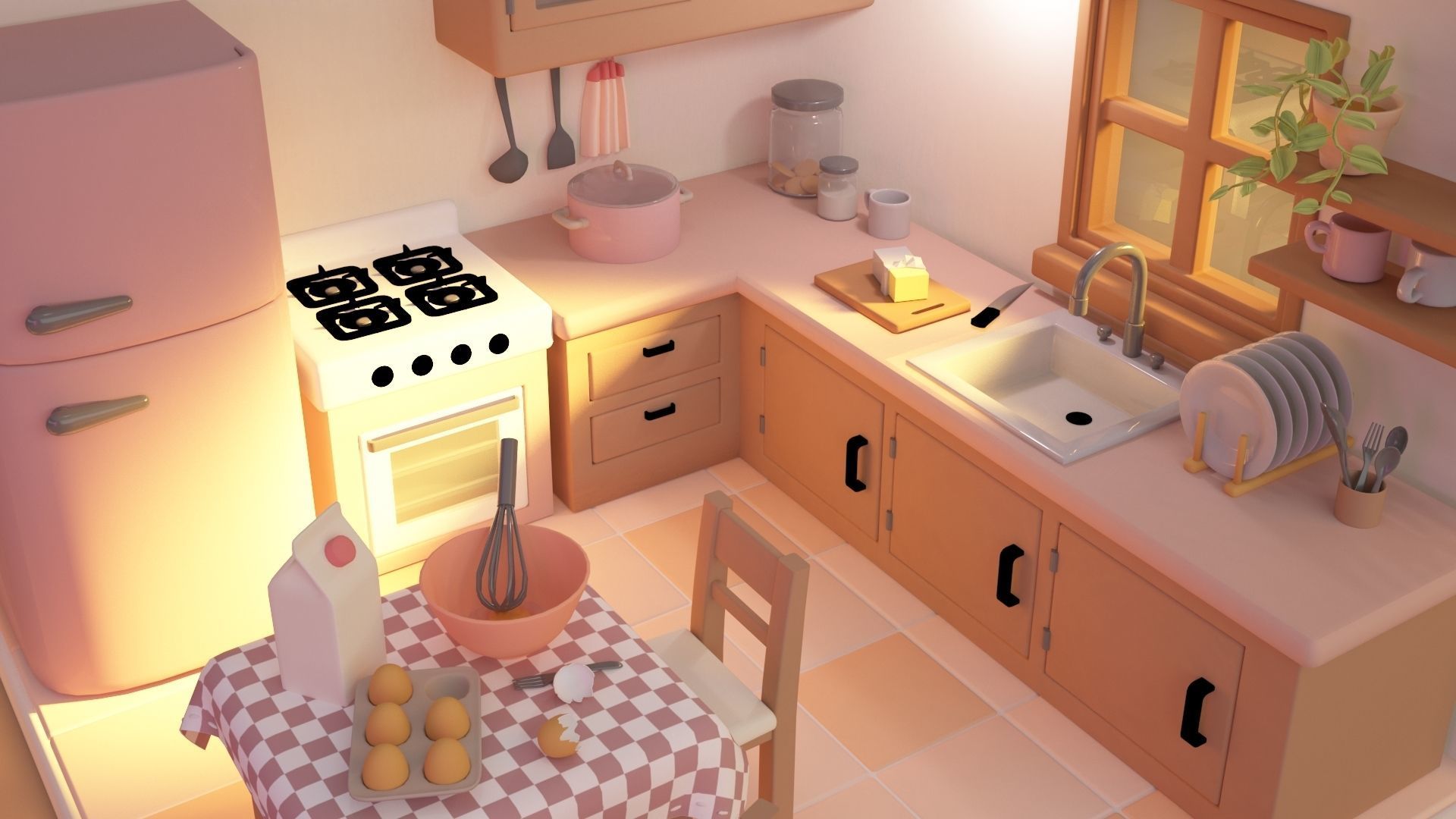 Kitchen room Low-poly 3D model_3