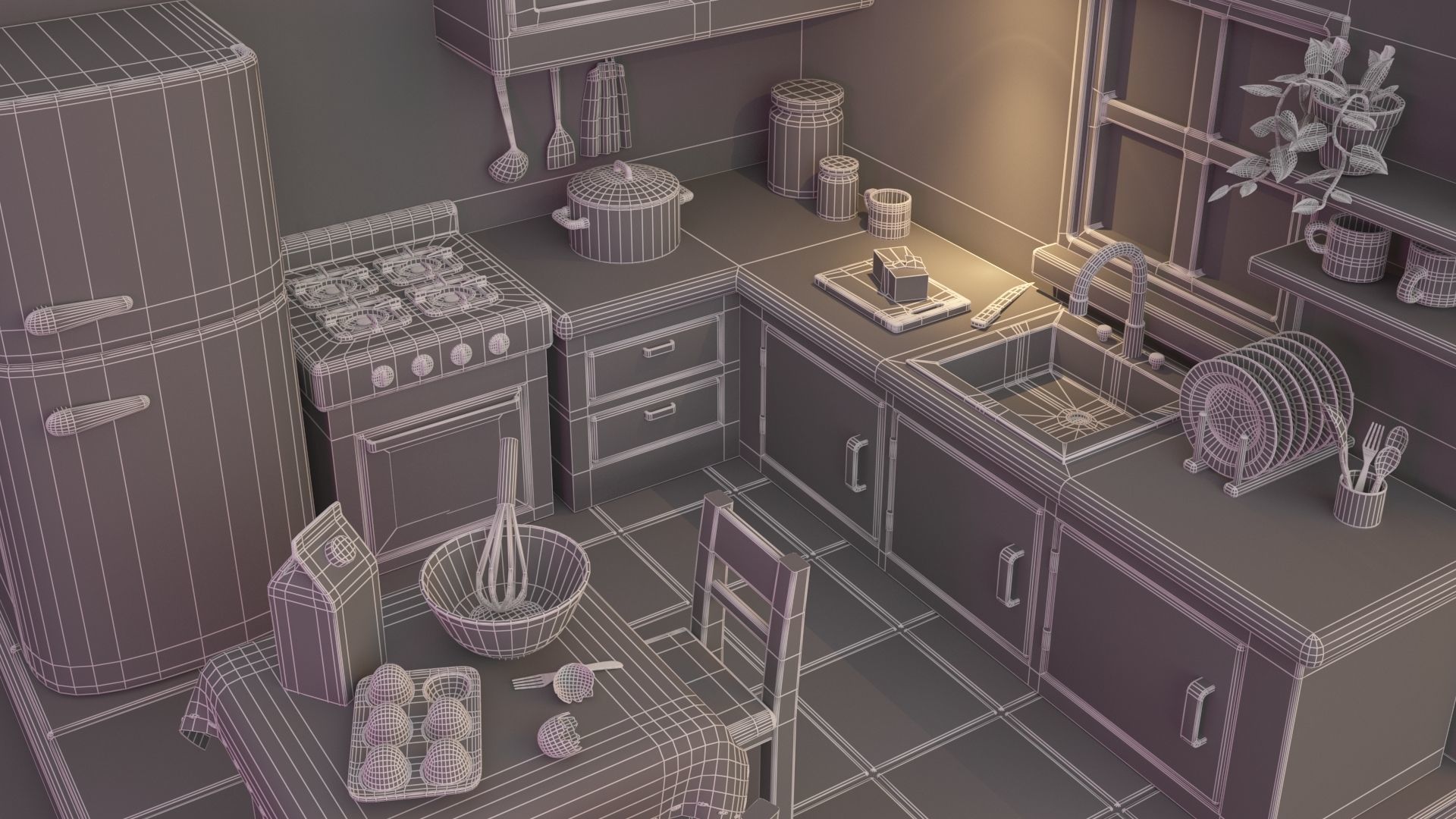 Kitchen room Low-poly 3D model_8