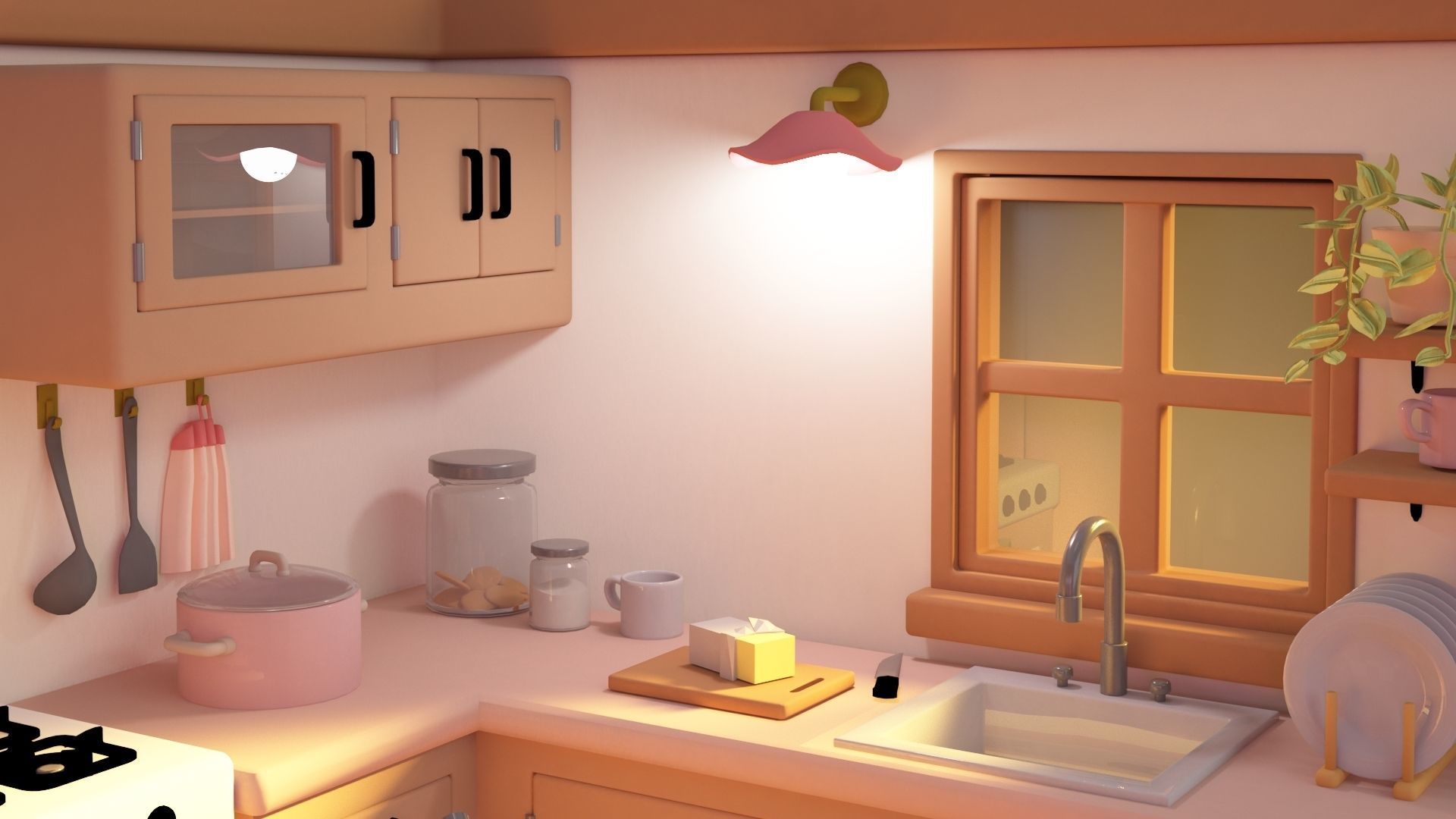 Kitchen room Low-poly 3D model_5