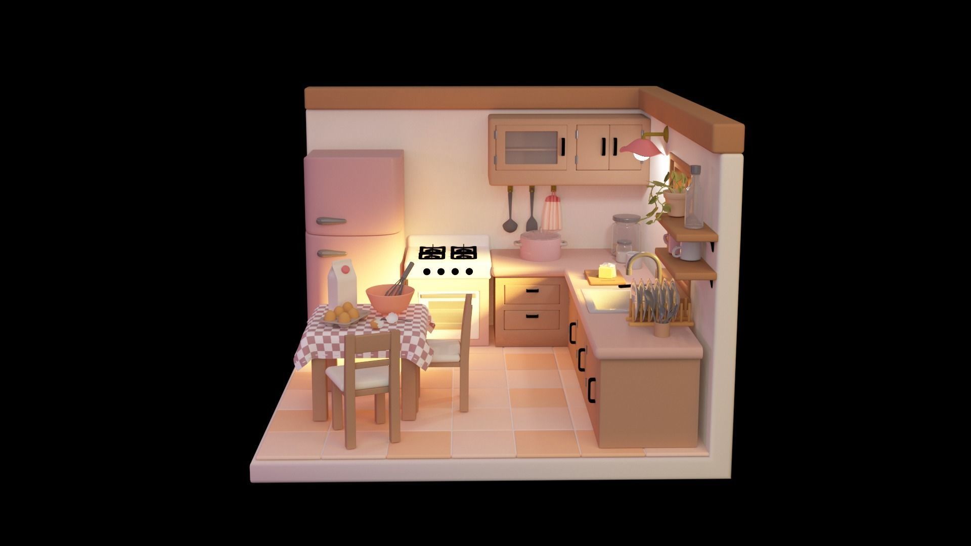 Kitchen room Low-poly 3D model_1