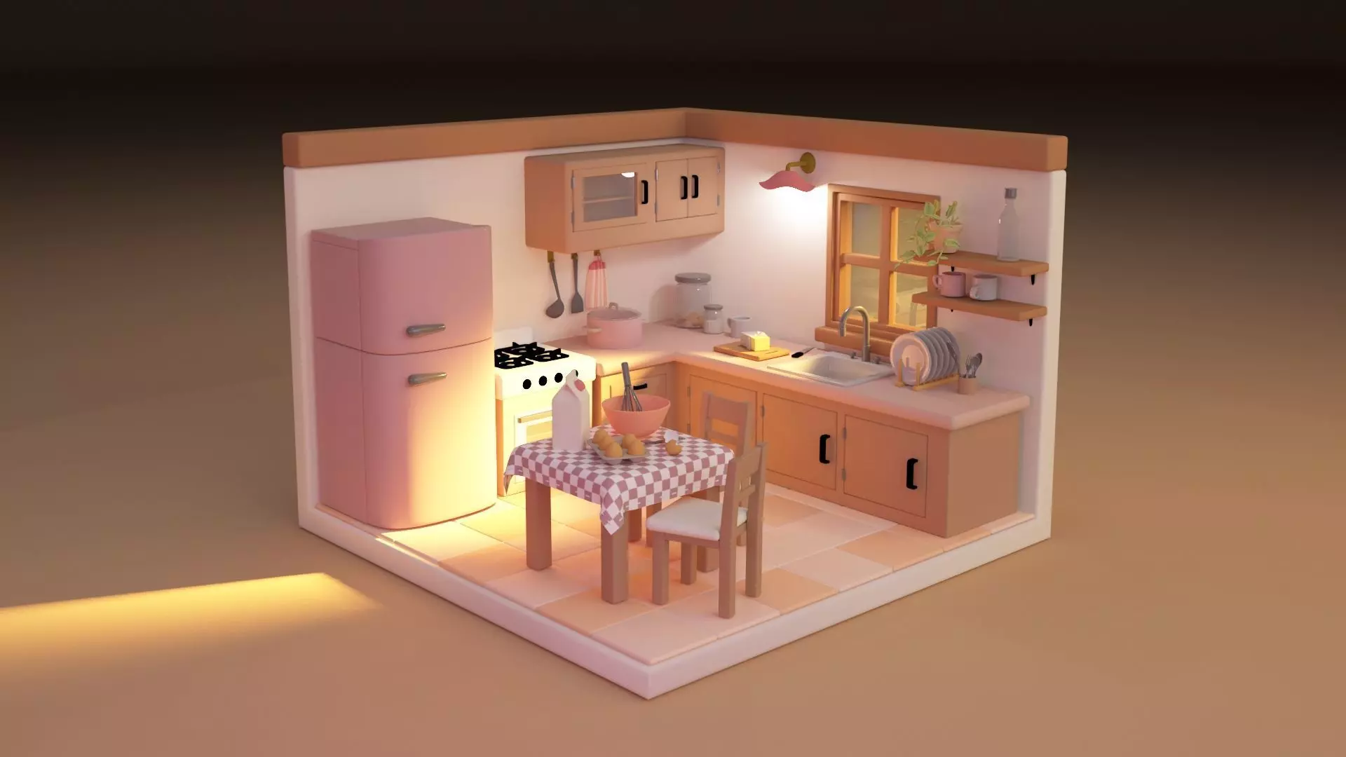 Kitchen room Low-poly 3D model_0