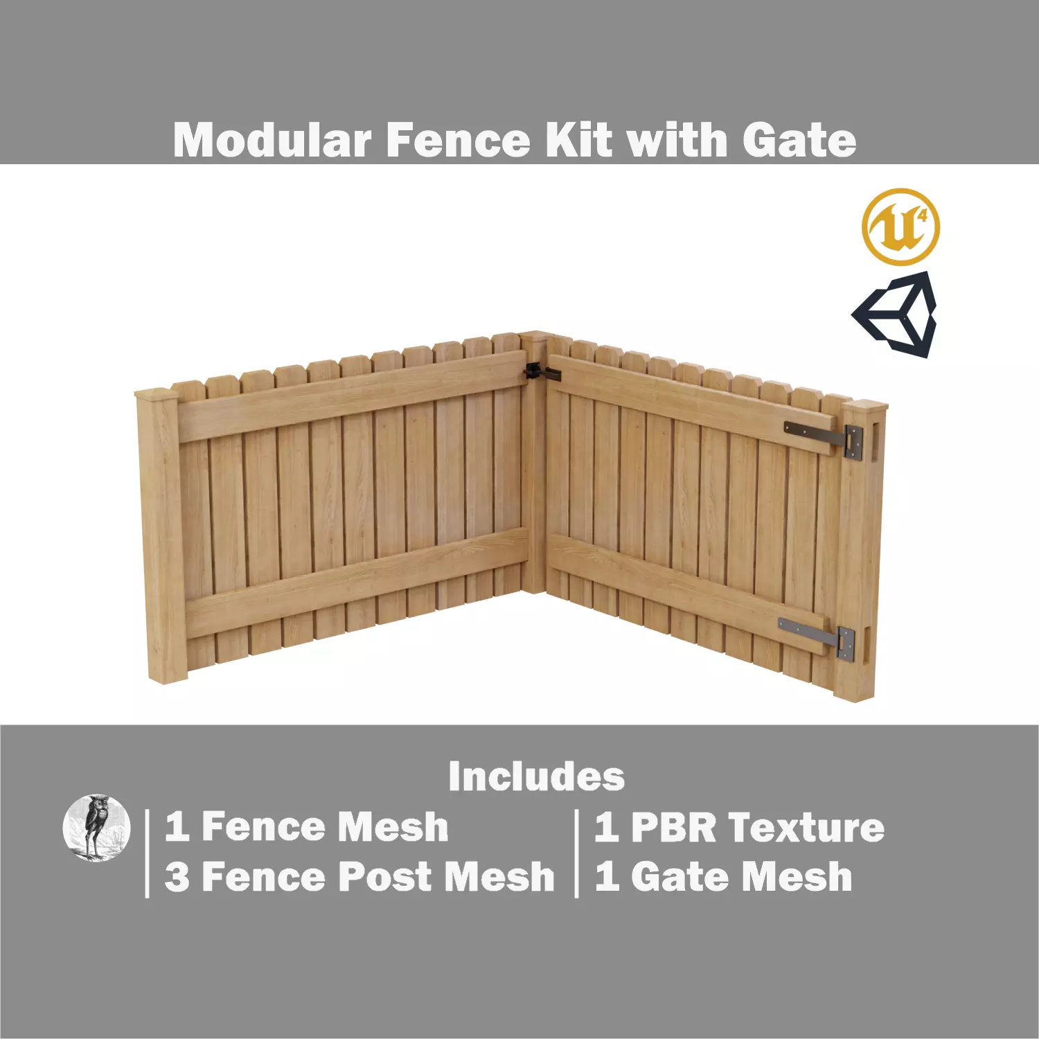 Modular Fence Kit Pack - Solid Dog-Ear Picket Fence with Gate Low-poly 3D model_0
