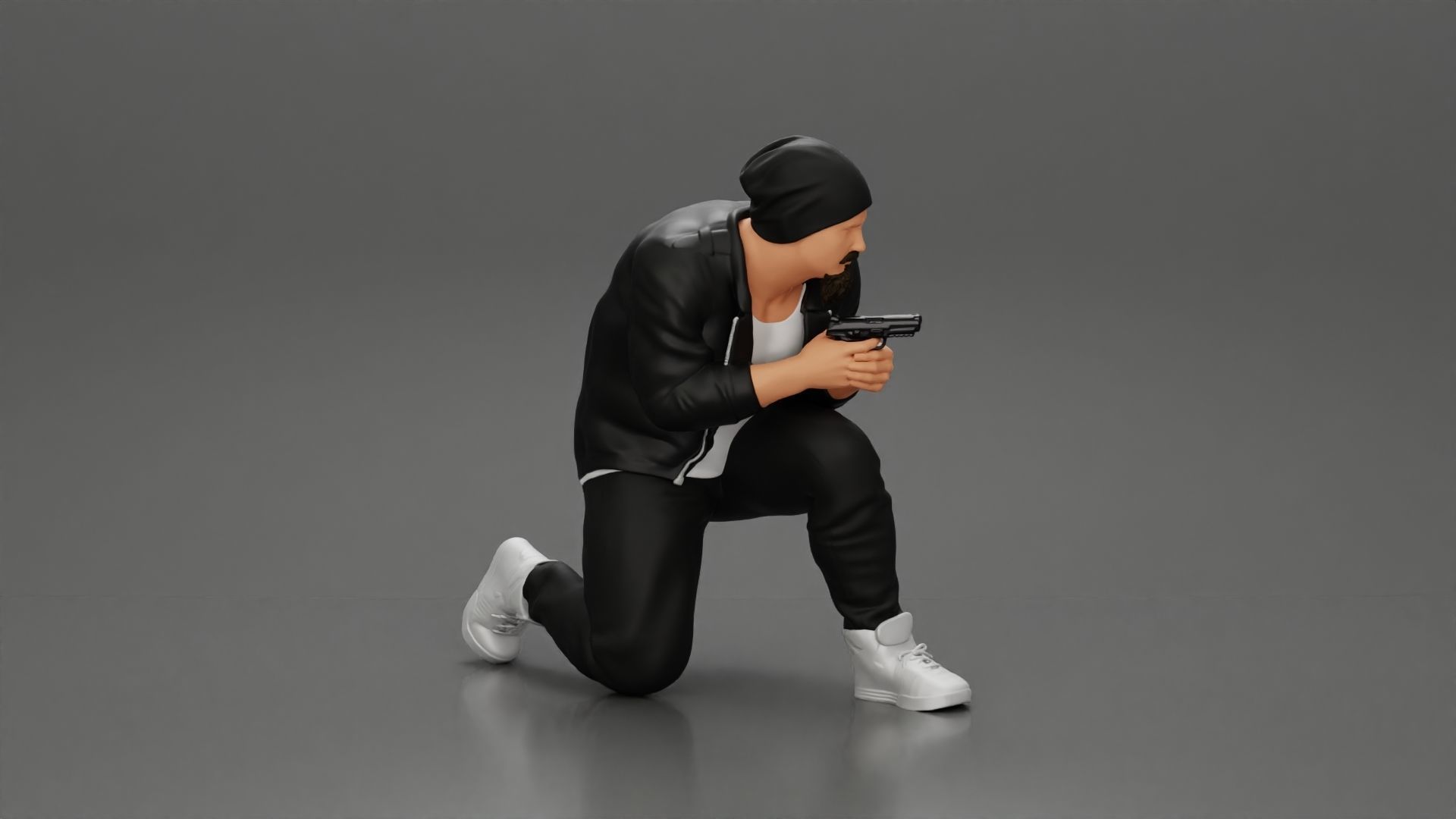 Gangster in jacket sitting holding a gun hides behind the car 3D print model_2