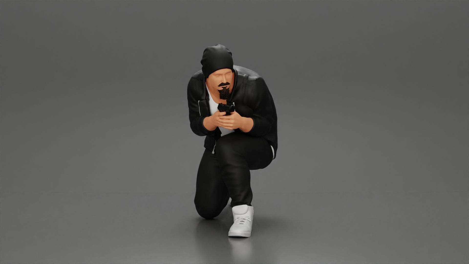 Gangster in jacket sitting holding a gun hides behind the car 3D print model_1