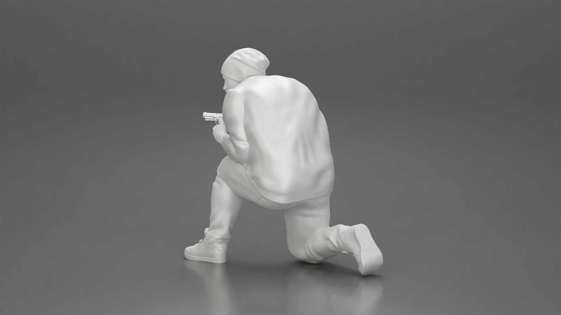 Gangster in jacket sitting holding a gun hides behind the car 3D print model_11