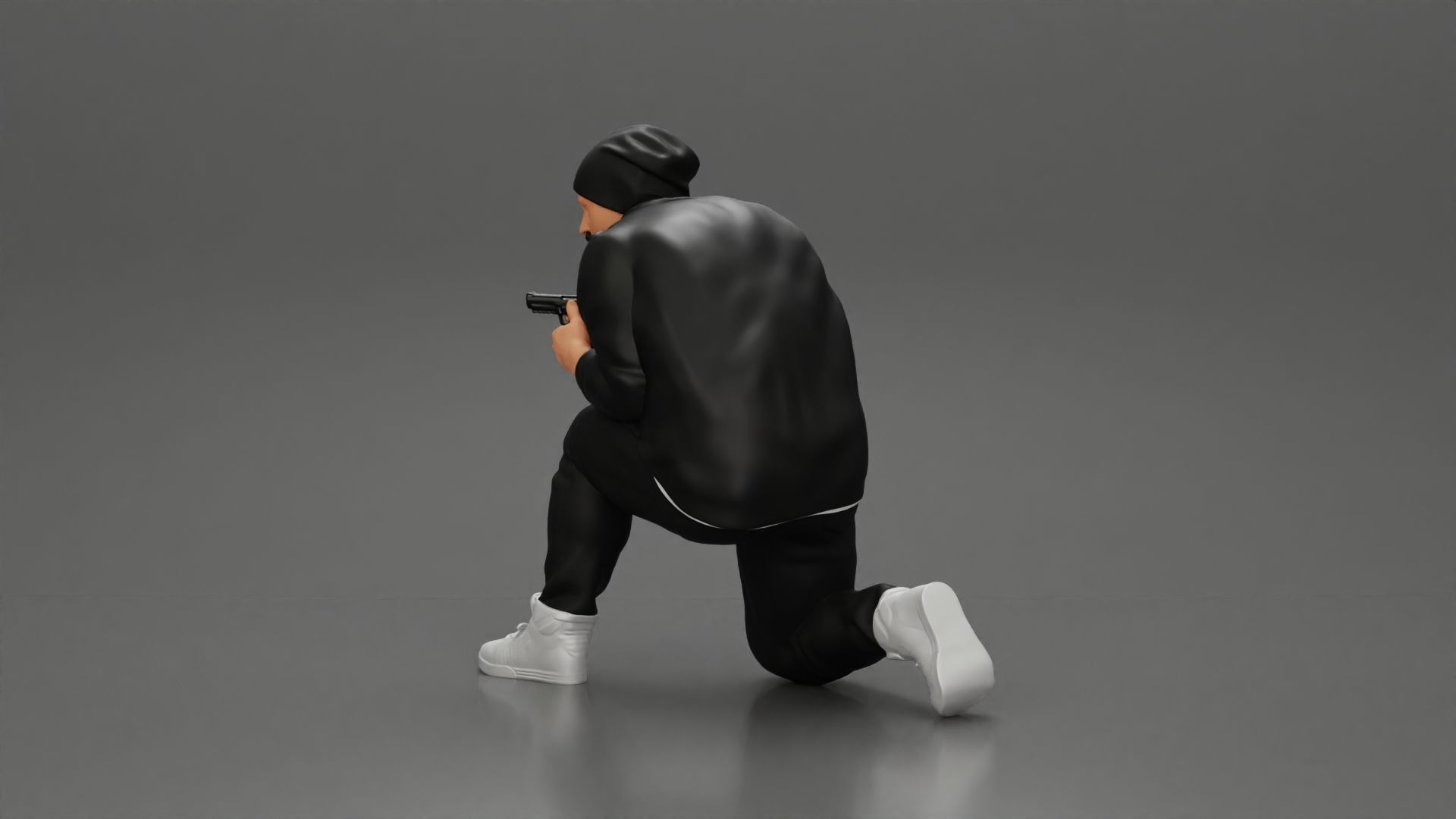 Gangster in jacket sitting holding a gun hides behind the car 3D print model_5