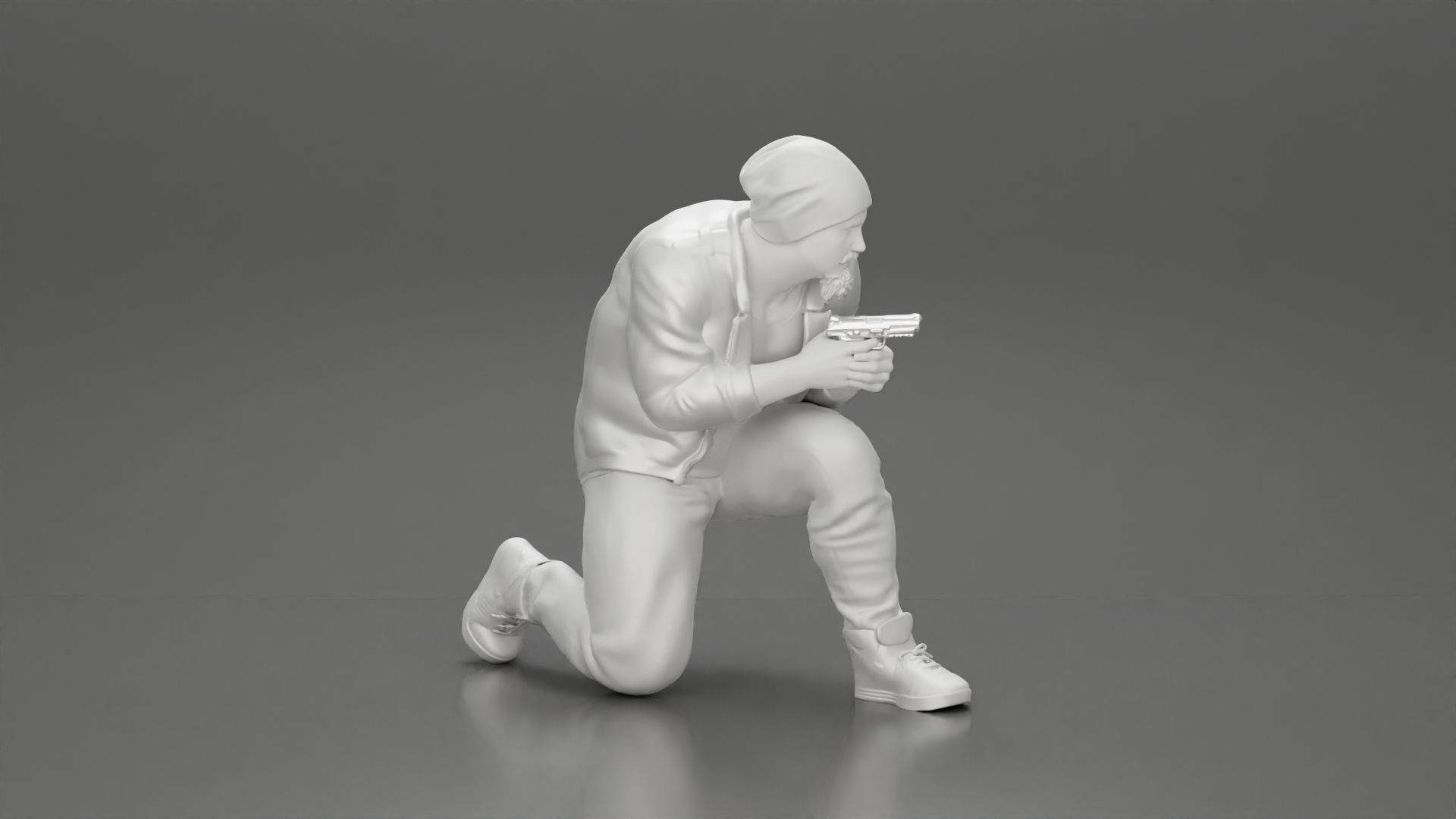 Gangster in jacket sitting holding a gun hides behind the car 3D print model_8