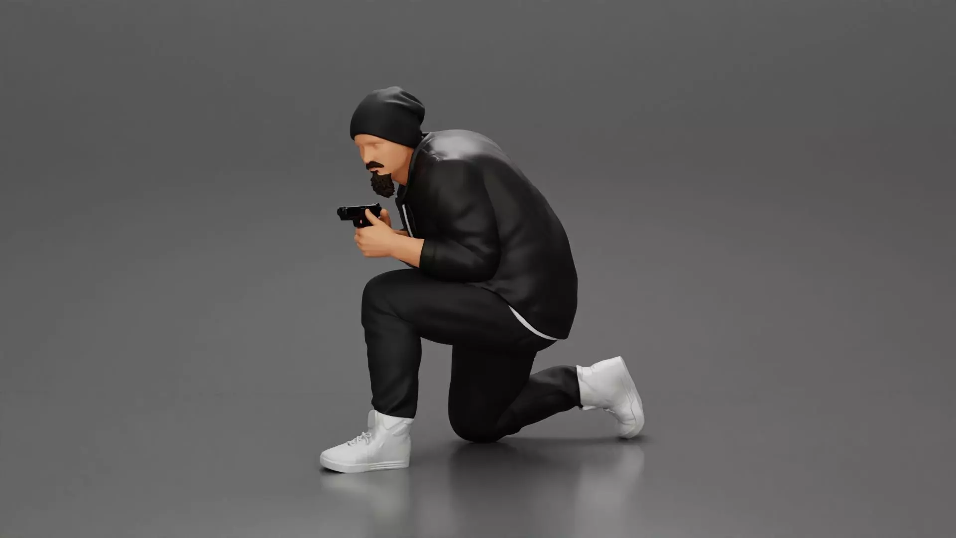 Gangster in jacket sitting holding a gun hides behind the car 3D print model_0