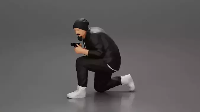 Gangster in jacket sitting holding a gun hides behind the car 3D print model