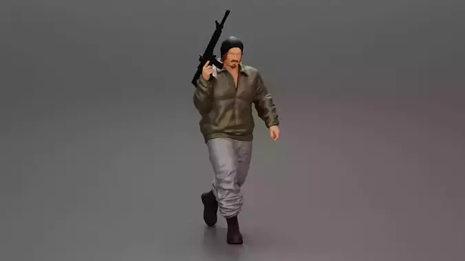 mafia gangster in jacket and pants holding a submachine gun