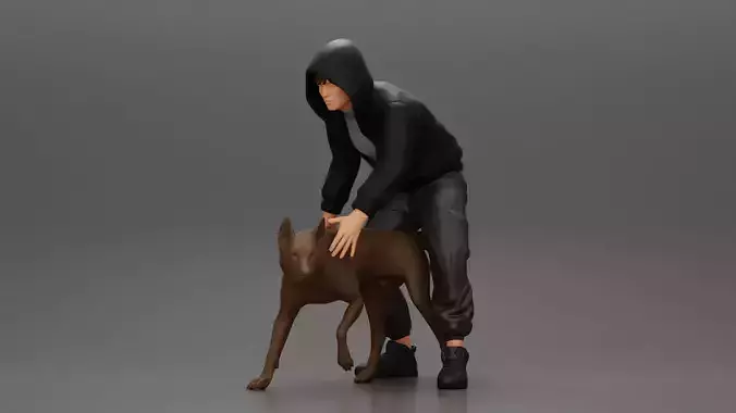 Gangster homie in hoodie and short with his dog on the street