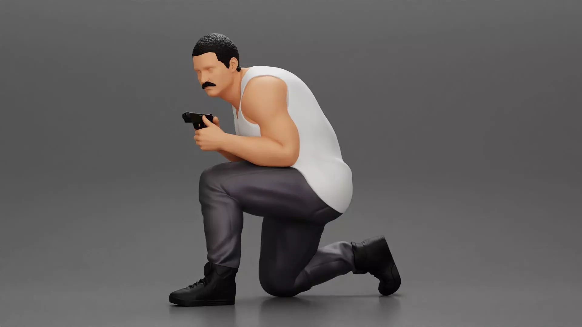 Gangster in pants sitting and holding a gun hides behind the car 3D print model