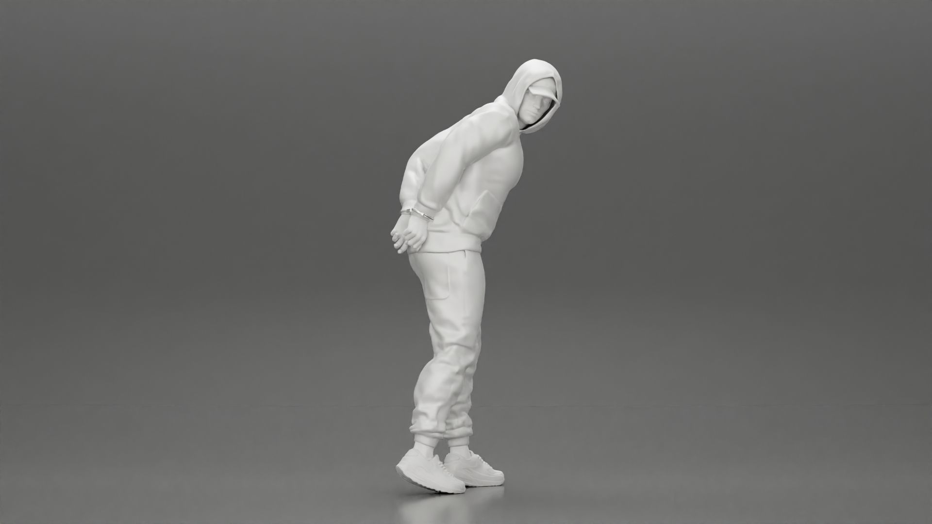 Criminal in Handcuffs man wearing hoodie walking with policeman 3D print model_6